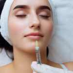 sensual female lips, procedure lip augmentation. Syringe near womans mouth, injections for increase lips shape.